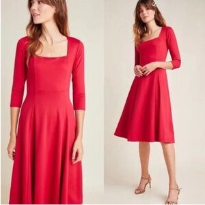 Anthropologie Maeve Square Neck Red Jocelyn Midi Holiday Party Dress